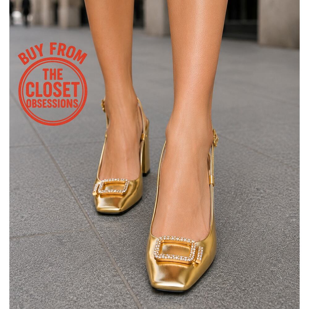 ZARA BLOGGER FAVE!!! Gold Square Toe Slingback Pumps ✨ Size 6.5 & 7.5 NWT - Picture 3 of 16